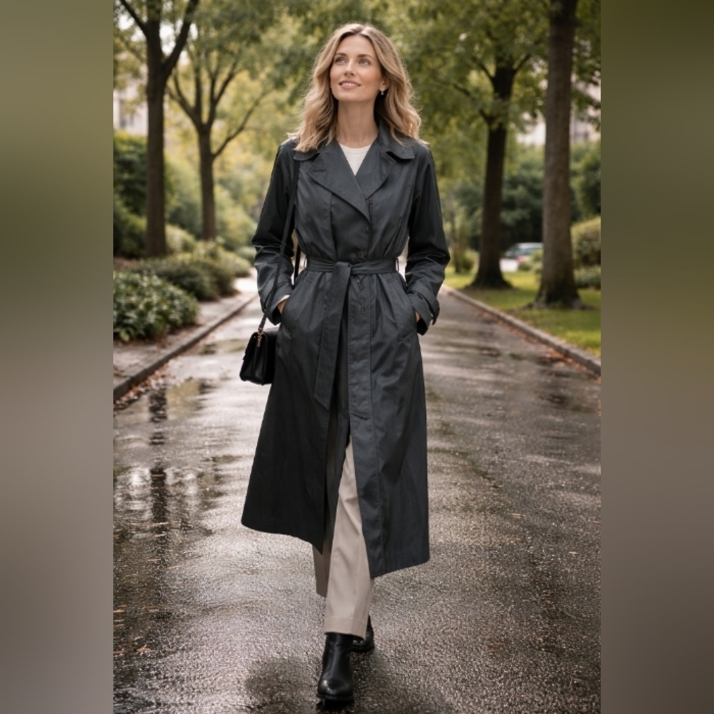 Vintage Cattiva Trench Raincoat Black Size 14 Lined Belted Double Breasted 90's